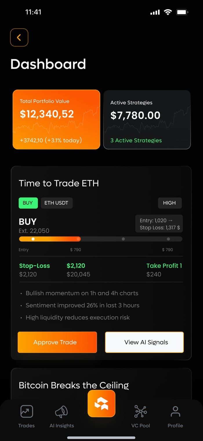 Quantiva HQ — Crypto dashboard · live action feed
