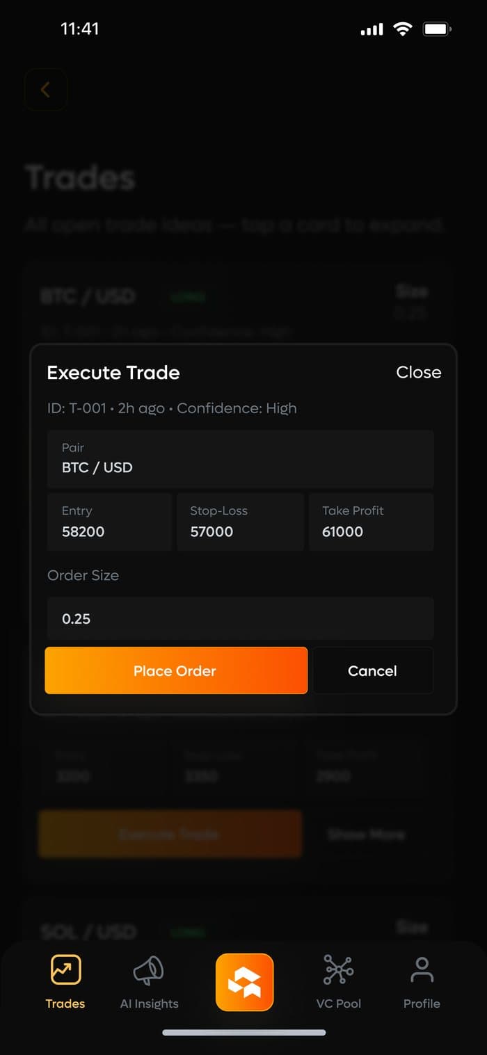 Quantiva HQ — Execute trade · in-place ticket