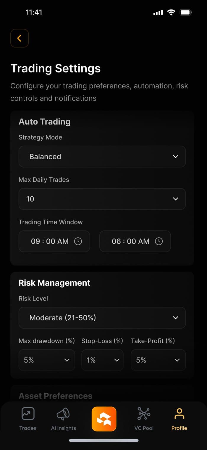 Quantiva HQ — Trading settings · user-owned risk